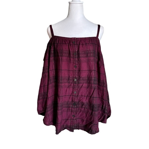 Torrid Purple Plaid Button Front Cold Shoulder Top Size 2 - Picture 5 of 17